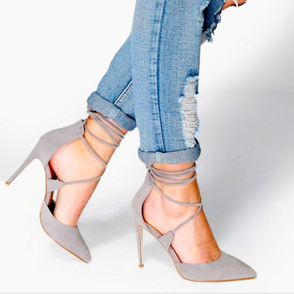 Boohoo Pointed Grey Wrap Strap Pumps.